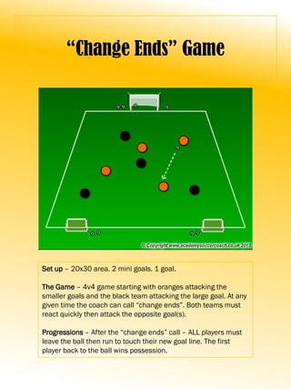 “Change Ends” Game
Set up – 20x30 area. 2 mini goals. 1 goal.
The Game – 4v4 game starting with oranges attacking the
smaller goals and the black team attacking the large goal. At any
given time the coach can call “change ends”. Both teams must
react quickly then attack the opposite goal(s).
Progressions – After the “change ends” call – ALL players must
leave the ball then run to touch their new goal line. The first
player back to the ball wins possession.
 