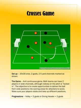Crosses Game
Set up – 20x30 area. 2 goals. 2 5 yard channels marked as
shown.
The Game – 4v4 continuous game. Both teams can have 2
players in wide channels, although nobody on the pitch is “locked
in”. The objective is to create opportunities to deliver the ball
from wide positions into scoring areas for attackers to score.
Make sure your players rotate and take up different positions.
Progressions – Volley = 2 goals or Diving Header = 2 goals
 