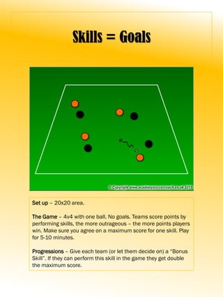 Skills = Goals
Set up – 20x20 area.
The Game – 4v4 with one ball. No goals. Teams score points by
performing skills, the more outrageous – the more points players
win. Make sure you agree on a maximum score for one skill. Play
for 5-10 minutes.
Progressions – Give each team (or let them decide on) a “Bonus
Skill”. If they can perform this skill in the game they get double
the maximum score.
 