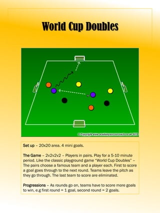 World Cup Doubles
Set up – 20x20 area. 4 mini goals.
The Game – 2v2v2v2 – Players in pairs. Play for a 5-10 minute
period. Like the classic playground game “World Cup Doubles” –
The pairs choose a famous team and a player each. First to score
a goal goes through to the next round. Teams leave the pitch as
they go through. The last team to score are eliminated.
Progressions – As rounds go on, teams have to score more goals
to win, e.g first round = 1 goal, second round = 2 goals.
 