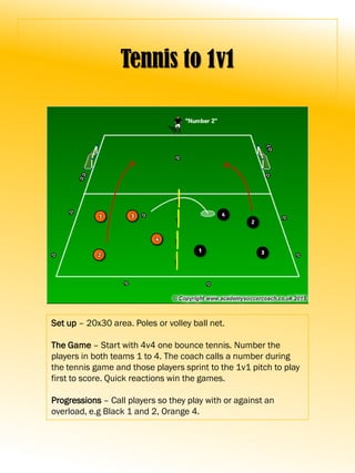 Tennis to 1v1
Set up – 20x30 area. Poles or volley ball net.
The Game – Start with 4v4 one bounce tennis. Number the
players in both teams 1 to 4. The coach calls a number during
the tennis game and those players sprint to the 1v1 pitch to play
first to score. Quick reactions win the games.
Progressions – Call players so they play with or against an
overload, e.g Black 1 and 2, Orange 4.
 