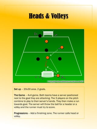 Heads & Volleys
Set up – 20x30 area. 2 goals.
The Game – 4v4 game. Both teams have a server positioned
next to the goal they are attacking. The 3 players on the pitch
combine to play to their server’s hands. They then make a run
towards goal. The server will throw the ball for a header or a
volley and the runner must try to score.
Progressions – Add a finishing zone. The runner calls head or
volley.
 