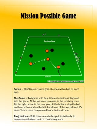 Mission Possible Game
Set up – 20x30 area. 1 mini goal. 3 cones with a ball on each
one.
The Game – 4v4 game with four different missions integrated
into the game. At the top, receive a pass in the receiving zone.
On the right, score in the mini goal. At the bottom, stop the ball
on the end line and on the left, knock one of the footballs off it’s
cone. Teams must complete all four missions to win.
Progressions – Both teams are challenged, individually, to
complete each objective in a chosen sequence.
 