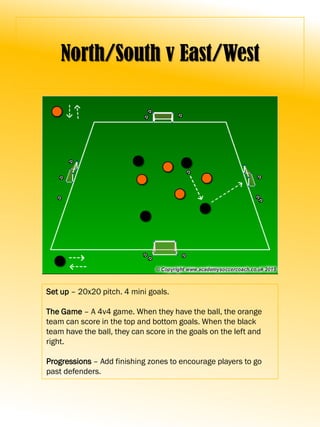 North/South v East/West
Set up – 20x20 pitch. 4 mini goals.
The Game – A 4v4 game. When they have the ball, the orange
team can score in the top and bottom goals. When the black
team have the ball, they can score in the goals on the left and
right.
Progressions – Add finishing zones to encourage players to go
past defenders.
 