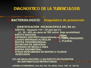 DIAGNOSTICO DE LA TUBERCULOSIS BACTERIOLOGICO:  Diagnóstico de presunción IDENTIFICACIÓN  MICROSCÓPICA DEL BK en: ESPUTO:  necesario >10 4  – 10 5  para dar (+)   (+):  50 – 80% de casos de TBC activa  (baja sensibilidad) ESPUTO INDUCIDO ASPIRADO GASTRICO (especialmente en niños) LAVADO BRONQUIO ALVEOLAR  BIOPSIA TRANSBRONQUIAL SECRECION DE ABSCESOS ASPIRADO DE MEDULA OSEA BIOPSIA ENDOMETRIAL OTROS ESPECIMENES DE BIOPSIA O TEJIDOS  RESECADOS 23% DE BACILOSCOPÍA (+) EN ESPUTO EN PACIENTES NO SINTOMATICOS REPIRATORIOS JARAMILLO SAMANIEGO, José. Bol. Soc. Per. Medic. Intern. 1997; 10: 139-142 ORINA L. CEFALORAQUIDEO L. PLEURAL 