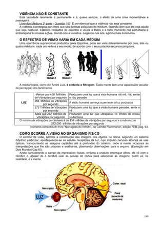 VIDÊNCIA NÃO É CONSTANTE
   Esta faculdade raramente é permanente e é, quase sempre, o efeito de uma crise momentânea e
passageira.
   Livro dos Médiuns 2ª parte - Questão 167: É providencial que a vidência não seja constante.
   A vidência é protegida por filtros que são defesas psíquicas do médium, fazendo com que ele veja aquilo
que seja possível. Estamos rodeados de espíritos e vê-los a todos e a todo momento nos perturbaria e
embaraçaria as nossas ações, tirando-nos a iniciativa. Julgando-nos sós, agimos mais livremente.

   O ESPECTRO DE VISÃO VARIA EM CADA MÉDIUM
   Uma ocorrência supranormal produzida pelos Espíritos, pode ser vista diferentemente por dois, três ou
quatro médiuns, cada um ve-la-á a seu modo, de acordo com o seus próprios recursos psíquicos.




   A mediunidade, como diz André Luiz, é sintonia e filtragem. Cada mente tem uma capacidade peculiar
de percepção dos fenômenos.

               Menos que 458 Milhões Produzem uma luz que a vista humana não vê, não sente
              de Vibrações por segundo e não percebe
             458 Milhões de Vibrações
    LUZ                                   A visão humana começa a perceber a luz produzida
                     por segundo
              272 Trilhões de Vibrações Produzem uma luz que a visão humana percebe, sente e
                     por segundo          vê
              Mais que 272 Trilhões de Produzem uma luz que ultrapassa os limites de nossa
               Vibrações por segundo      visão física
   O mínimo de vibrações percebíveis é de 458 milhões de vibrações por segundo e o máximo de
                           272.000 trilhões de vibrações por segundo
          Números extraídos do livro “Narrações do Infinito”, de Camille Flammarion, edição FEB, pág. 93.

   COMO OCORRE A VISÃO NO ORGANISMO FÍSICO
    O sentido da visão, permite a constituição das imagens dos objetos na retina, segundo um sistema
dióptrico particular, aperfeiçoando-se as células receptoras da luz, cujo impulso nervoso alcança as vias
ópticas, transportando as imagens captadas até à profundez do cérebro, onde a mente incorpora as
interpretações que lhe são próprias e analisa-as, plasmando observações para o arquivo. (Evolução em
Dois Mundos Cap IX).
    Ainda considerando o campo de impressões físicas, embora a criatura empregue olhos, ela vê com o
cérebro e, apesar de o cérebro usar as células do córtex para selecionar as imagens, quem vê, na
realidade, é a mente.




                                                                                                      199
 