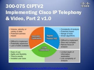 300-075 CIPTV2
Implementing Cisco IP Telephony
& Video, Part 2 v1.0
http://www.dumpsportal.com/300-075-braindumps.htm
 