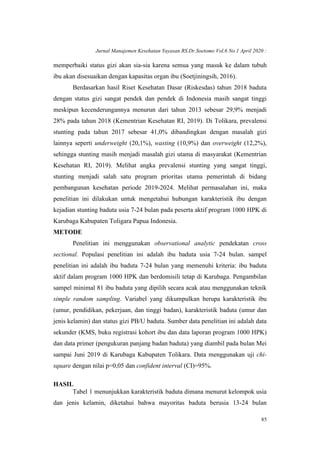 Jurnal Manajemen Kesehatan Yayasan RS.Dr.Soetomo Vol.6 No.1 April 2020 :
85
memperbaiki status gizi akan sia-sia karena semua yang masuk ke dalam tubuh
ibu akan disesuaikan dengan kapasitas organ ibu (Soetjiningsih, 2016).
Berdasarkan hasil Riset Kesehatan Dasar (Riskesdas) tahun 2018 baduta
dengan status gizi sangat pendek dan pendek di Indonesia masih sangat tinggi
meskipun kecenderungannya menurun dari tahun 2013 sebesar 29,9% menjadi
28% pada tahun 2018 (Kementrian Kesehatan RI, 2019). Di Tolikara, prevalensi
stunting pada tahun 2017 sebesar 41,0% dibandingkan dengan masalah gizi
lainnya seperti underweight (20,1%), wasting (10,9%) dan overweight (12,2%),
sehingga stunting masih menjadi masalah gizi utama di masyarakat (Kementrian
Kesehatan RI, 2019). Melihat angka prevalensi stunting yang sangat tinggi,
stunting menjadi salah satu program prioritas utama pemerintah di bidang
pembangunan kesehatan periode 2019-2024. Melihat permasalahan ini, maka
penelitian ini dilakukan untuk mengetahui hubungan karakteristik ibu dengan
kejadian stunting baduta usia 7-24 bulan pada peserta aktif program 1000 HPK di
Karubaga Kabupaten Toligara Papua Indonesia.
METODE
Penelitian ini menggunakan observational analytic pendekatan cross
sectional. Populasi penelitian ini adalah ibu baduta usia 7-24 bulan. sampel
penelitian ini adalah ibu baduta 7-24 bulan yang memenuhi kriteria: ibu baduta
aktif dalam program 1000 HPK dan berdomisili tetap di Karubaga. Pengambilan
sampel minimal 81 ibu baduta yang dipilih secara acak atau menggunakan teknik
simple random sampling. Variabel yang dikumpulkan berupa karakteristik ibu
(umur, pendidikan, pekerjaan, dan tinggi badan), karakteristik baduta (umur dan
jenis kelamin) dan status gizi PB/U baduta. Sumber data penelitian ini adalah data
sekunder (KMS, buku registrasi kohort ibu dan data laporan program 1000 HPK)
dan data primer (pengukuran panjang badan baduta) yang diambil pada bulan Mei
sampai Juni 2019 di Karubaga Kabupaten Tolikara. Data menggunakan uji chi-
square dengan nilai p=0,05 dan confident interval (CI)=95%.
HASIL
Tabel 1 menunjukkan karakteristik baduta dimana menurut kelompok usia
dan jenis kelamin, diketahui bahwa mayoritas baduta berusia 13-24 bulan
 