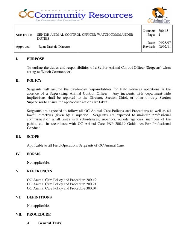 300.45 senior animal control officer watch commander duties