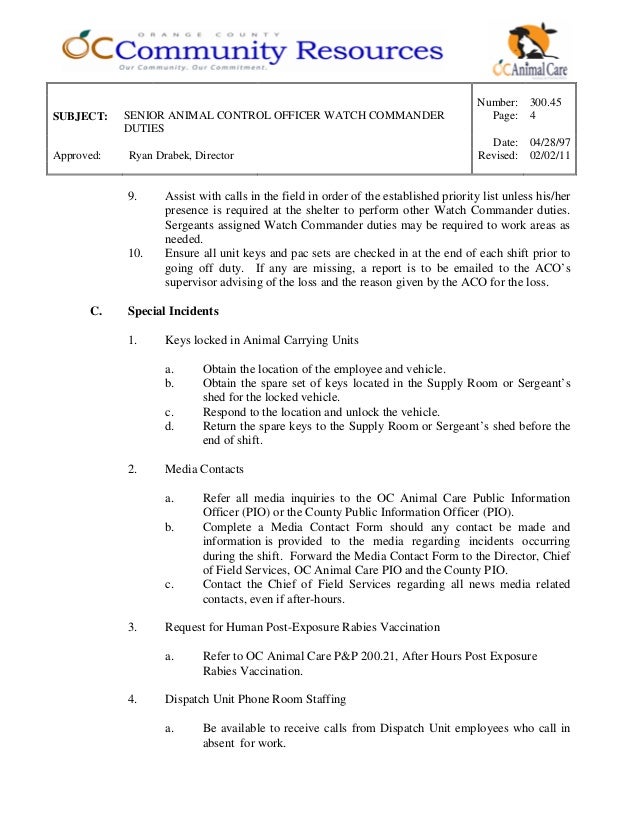 300.45 senior animal control officer watch commander duties