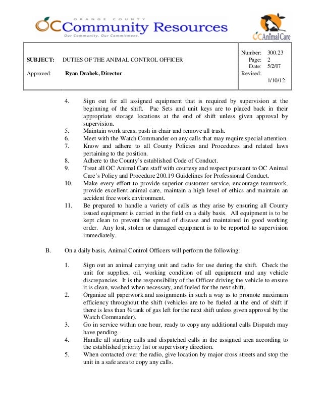 300.23 duties of the animal control officer