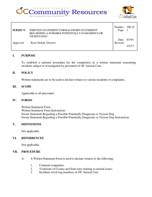 300 10 Written Statement Form And Sworn Statement Regarding A Possibl