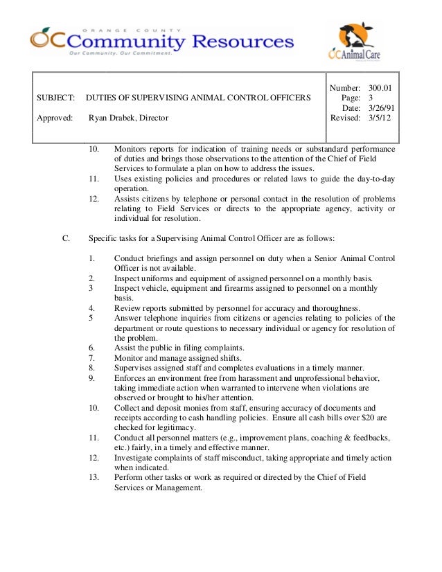 300.01 duties of supervising animal control officers