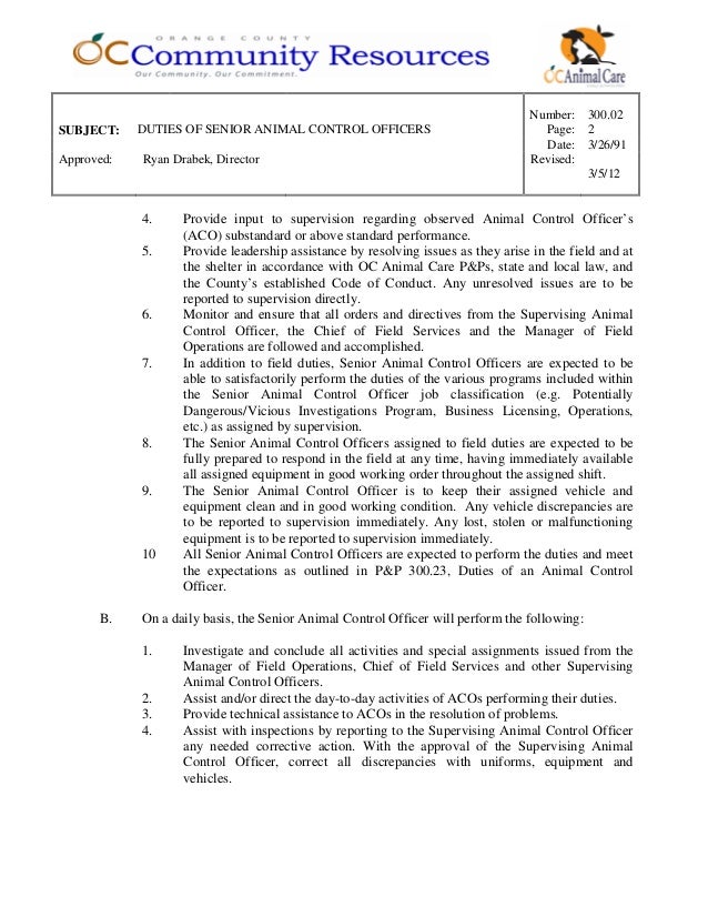 300.02 duties of senior animal control officers