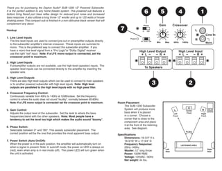 Thank you for purchasing the Dayton Audio®
SUB-1200 12" Powered Subwoofer.
It is the perfect addition to any home theater system. This powered sub features a
bottom firing flared port bass reflex design for reduced port noise and increased
bass response. It also utilizes a long throw 12" woofer and up to 120 watts of house
shaking power.This compact sub is finished in a non-obtrusive black veneer that will
complement any decor.
Hookup
1.	 Line Level Inputs
The line level inputs are used to connect pre-out or preamplifier outputs directly
to the subwoofer amplifier’s internal crossover. These inputs are summed to
mono. This is the preferred way to connect the subwoofer amplifier. If you
have a mono line level signal from a “Pro Logic”or “Dolby Digital” receiver
use the right “red” input. Note: If a LFE mono output is connected, set the
crossover point to maximum.
2.	 High Level Inputs
If preamplifier outputs are not available, use the high-level (speaker) inputs. The
speaker level inputs can be connected directly to the amplifier by inserting the
speaker wire.
3.	 High Level Outputs
There are also high level outputs which can be used to connect to main speakers
or to another powered subwoofer with high level inputs. Note: High level
outputs are paralleled to the high level inputs with no high pass filter.
4.	 Crossover Frequency Control:
Continuously variable from 40Hz to 140Hz at 12dB/octave. Set the frequency
control to where the audio does not sound “muddy”, normally between 60-80Hz.
Note: If a LFE mono output is connected set the crossover point to maximum.
5.	 Gain Control:
Adjusts the output level of the subwoofer. Set the level to where the bass
frequencies blend with the other speakers. Note: Most people have a
tendency to set the level too high which makes the audio sound “boomy”.
6.	 Phase Switch:
Selectable between 0° and 180°. This assists subwoofer placement. The
correct position will be the one that provides the most apparent bass output.
7.	 Power Switch (Auto On/Off):
When the power is in the auto position, the amplifier will automatically turn on
when a signal is present. Note: In auto/off mode, the power on LED is always on
(red), even when amp is in rest mode (off). The power LED will turn green when
the unit is activated.
Room Placement
	 The SUB-1200 Subwoofer
System will produce more
bass when it is placed
in a corner. Choose a
corner that is close to the
component area and place
it at the front of the listening
area. See diagram:
Specifications
	 Dimensions: 16-3/4" H x
16-3/16" W x 17-3/4" D
	 Frequency Response:
25Hz-140Hz
	 Woofer: 12" long throw
	 Power: 120W RMS
	 Voltage: 120VAC / 60Hz
	 Net weight: 44 lbs.
 