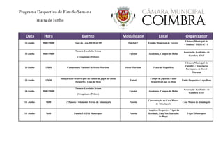 Programa Desportivo de Fim-de-Semana
13 a 14 de Junho
Data Hora Evento Modalidade Local Organizador
13-Junho 9h00/19h00 Final da Liga MEDIACUP Futebol 7 Estádio Municipal de Taveiro
Câmara Municipal de
Coimbra / MEDIACUP
13-Junho 9h00/19h00
Torneio Escolinha Briosa
(Traquinas e Petizes)
Futebol Academia, Campos do Bolão
Associação Académica de
Coimbra -OAF
13-Junho 15h00 Campeonato Nacional de Street Workout Street Workout Praça da Republica
Câmara Municipal de
Coimbra / Associação
Portuguesa de Street
Workout
13-Junho 17h30
Inauguração do novo piso do campo de jogos da União
Desportiva Logo de Deus
Futsal
Campo de jogos da União
Desportiva Logo de Deus
União Desportiva Logo Deus
14-Junho 9h00/19h00
Torneio Escolinha Briosa
(Traquinas e Petizes)
Futebol Academia, Campos do Bolão
Associação Académica de
Coimbra -OAF
14 -Junho 9h00 1.º Passeio Ciclomotor Terras de Almalaguês Passeio
Concentração na Casa Museu
de Almalaguês
Casa Museu de Almalaguês
14 -Junho 9h00 Passeio VIGOR Motorsport Passeio
Complexo Desportivo Vigor da
Mocidade, Fala, São Martinho
do Bispo
Vigor/ Motorsport
 