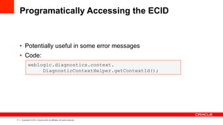 11 Copyright © 2013, Oracle and/or its affiliates. All rights reserved.
Programatically Accessing the ECID
•  Potentially useful in some error messages
•  Code:
weblogic.diagnostics.context.
DiagnosticContextHelper.getContextId();
 
