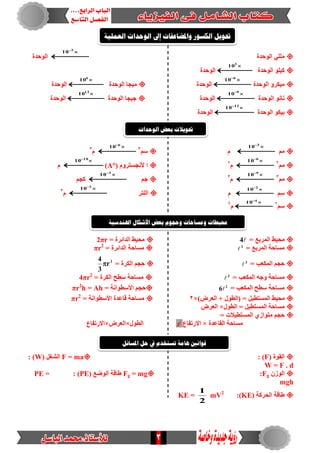 3
 
3
10
‫انوحدج‬ ‫انوحدج‬ ً‫يهه‬
‫انوحدج‬ ‫كٍهو‬ 
3
10
‫انوحدج‬
‫انوحدج‬ ‫يٍكرو‬ 
6
10
‫انوحدج‬‫انوحدج‬ ‫يٍجا‬ 
6
10
‫انوحدج‬
‫انوحدج‬ ‫نانو‬ 
9
10
‫انوحدج‬‫انوحدج‬ ‫جٍجا‬ 
12
10
‫انوحدج‬
‫انوحدج‬ ‫تٍكو‬ 
12
10
‫انوحدج‬
‫يى‬ 
3
10
‫و‬‫سى‬3
 
6
10
‫و‬3
‫يى‬2
 
6
10
‫و‬2
‫ا‬( ‫ألنجسرروو‬A°) 
10
10
‫و‬
‫يى‬3
 
9
10
‫و‬3
‫جى‬ 
3
10
‫كجى‬
‫سى‬ 
2
10
‫و‬‫انهرر‬ 
3
10
‫و‬3
‫سى‬2
 
4
10
‫و‬2
= ‫انًرتع‬ ‫يحٍط‬4= ‫اندائرج‬ ‫يحٍط‬2πr
= ‫انًرتع‬ ‫يساحح‬2
= ‫اندائرج‬ ‫يساحح‬πr2
= ‫انًكعة‬ ‫حجى‬3
‫انك‬ ‫حجى‬= ‫رج‬3
r
3
4

= ‫انًكعة‬ ‫وجه‬ ‫يساحح‬2
= ‫انكرج‬ ‫سطح‬ ‫يساحح‬4πr2
= ‫انًكعة‬ ‫سطح‬ ‫يساحح‬2
6= ‫األسطوانح‬ ‫حجى‬Ah=πr2
h
‫انًسرطٍم‬ ‫يحٍط‬)‫انعرض‬ + ‫(انطول‬ =×2= ‫األسطوانح‬ ‫قاعدج‬ ‫يساحح‬πr2
‫انطول‬ = ‫انًسرطٍم‬ ‫يساحح‬×‫انعرض‬
= ‫انًسرطٍالخ‬ ‫يروازي‬ ‫حجى‬
‫انقاعدج‬ ‫يساحح‬×‫االرذفاع‬‫أو‬‫انطول‬×‫انعر‬‫ض‬×‫االرذفاع‬
F = ma( ‫انشغم‬W: ) ( ‫انقوج‬F: )
W = F . d
ٌ‫انوز‬Fg:Fg = mg( ‫انوضع‬ ‫طاقح‬PE: )PE =
mgh
‫انحر‬ ‫طاقح‬( ‫كح‬KE):mV2
2
1
KE =
‫انعمهية‬ ‫انوحدات‬ ‫إىل‬ ‫واملضاعفات‬ ‫انكسور‬ ‫حتويم‬
‫انوحدات‬ ‫بعض‬ ‫حتويالت‬
‫اهلندسية‬ ‫األشكال‬ ‫بعض‬ ‫وحجوو‬ ‫ومساحات‬ ‫حميطات‬
‫املسائم‬ ‫حم‬ ‫يف‬ ‫تستخدو‬ ‫هامة‬ ‫قوانني‬
 