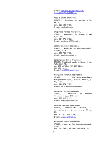 3
E-mail: leon1959.1959@gmail.com,
leon.verschinin@yandex.ru,
Кадина Ольга Викторовна,
400059, г. Волгоград, ул. Кирова, д. 98,
кв. 39,
тел.: 927 540 39 65,
E-mail: okadina@bk.ru,
Старикова Тамара Викторовна,
650065, г. Кемерово, пр. Ленина, д. 142
а, кв. 225;
тел.: 904 376 20 82,
E-mail: starikova.1956@mail.ru,
Шарло Станислав Иванович,
156025, г. Кострома, ул. Ново-Полянская,
д. 6/41, кв. 4,
тел.: 960 746 37 38,
E-mail: sharlostas@mail.ru,
Загретдинов Виктор Фаритович
656065, Алтайский край, г. Барнаул, ул.
Рубиновая 76,
те.: 952 0079604, 913 250 44 64,
903 996 96 13
E-mail:finist1975@gmail.com,
Моргунова Наталья Леонидовна
681017, г. Комсомольск-на-Амуре
Хабаровского края, бульвар Юности, д.
14, кв.71,
тел.: 914 374 77 89,
E-mail: nata-merkyriy@yandex.ru,
Белоусов Сергей Евгеньевич
308023, г. Белгород, пр. Богдана
Хмельницкого, д. 156, кв. 5;
тел.: 980 522 32 15;
E-mail: serbel68oks@mail.ru,
Вяльцев Дмитрий Викторович
654031, Кемеровская область, г.
Новокузнецк, ул. Ярославская, д. 44, кв.
29;
тел.: МТС 913 295 46 99,
E-mail: vyalcevd@mail.ru,
Мулюков Салават Шарипович
450018, г. Уфа, ул. Зои Космодемьянской,
д. 86,
тел.: 962 527 01 86, МТС 987 109 57 21,
 