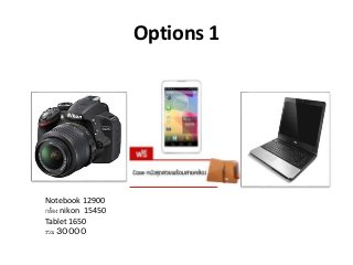 Options 1 
Notebook 12900 
กล้อง nikon 15450 
Tablet 1650 
รวม ３００００ 
 