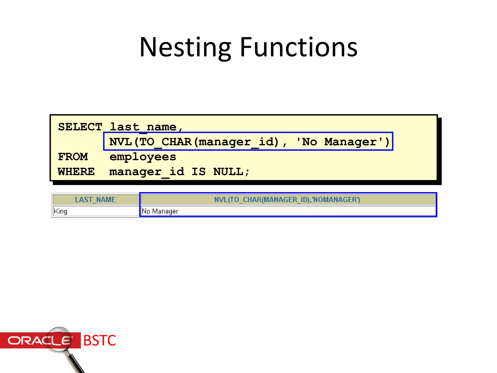 SELECT last_name,
NVL(TO_CHAR(manager_id), 'No Manager')
FROM employees
WHERE manager_id IS NULL;
Nesting Functions
BSTC
 