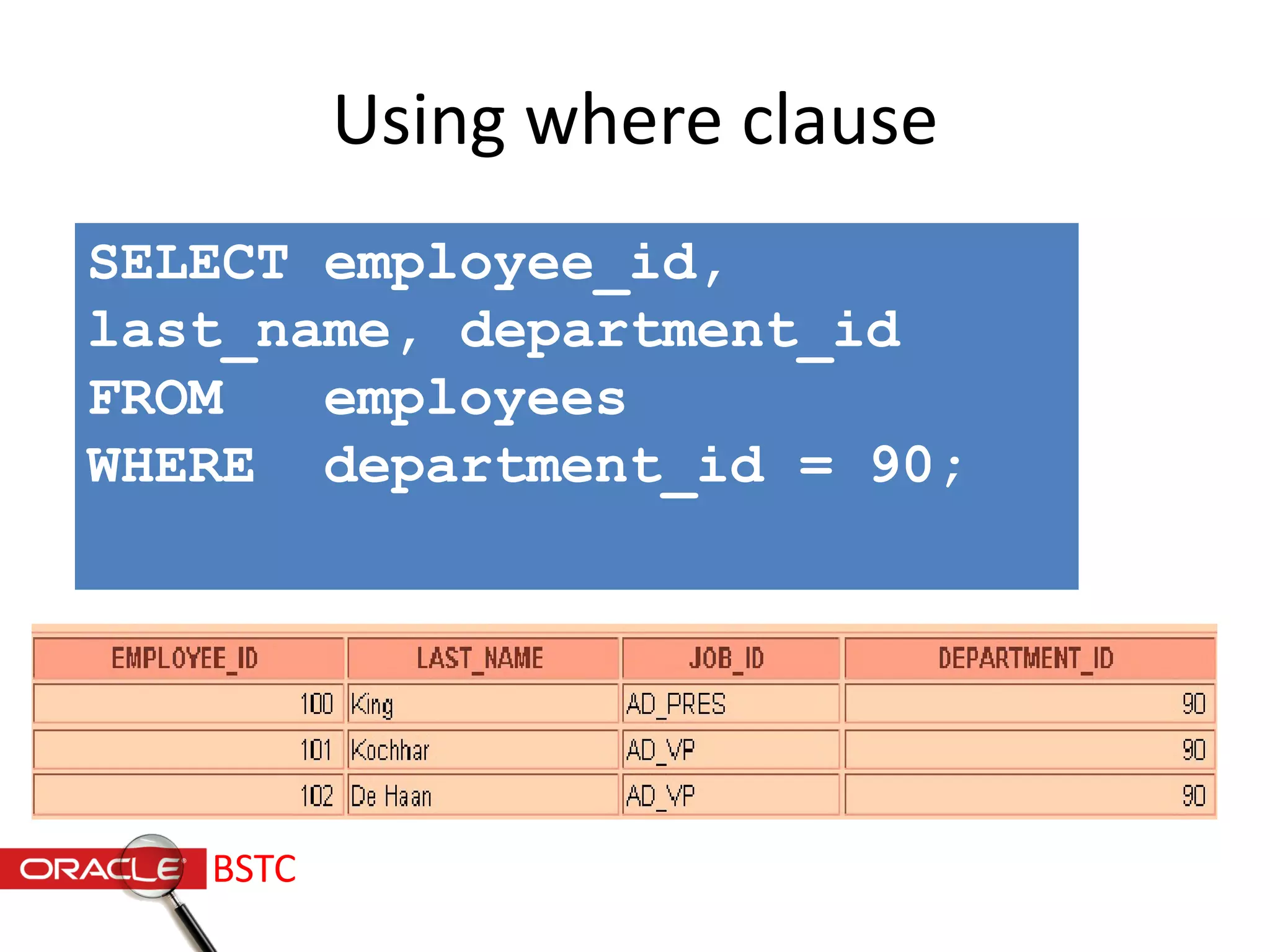 Using where clause
SELECT employee_id,
last_name, department_id
FROM employees
WHERE department_id = 90;
BSTC
 