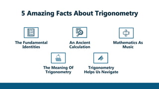 5 Amazing Facts About Trigonometry
The Fundamental
Identities
An Ancient
Calculation
Mathematics As
Music
The Meaning Of
Trigonometry
Trigonometry
Helps Us Navigate
 