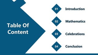Table Of
Content
01 Introduction
02 Mathematics
03 Celebrations
04 Conclusion
 