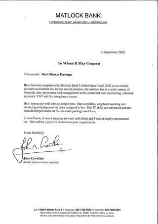 Matlock Bank - reference letter - John Crowther