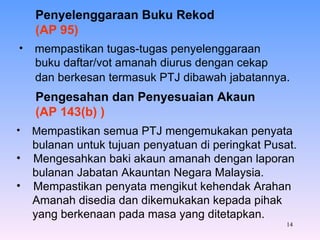 Penyelenggaraan Buku Rekod (AP 95) mempastikan tugas-tugas penyelenggaraan buku daftar/vot amanah diurus dengan cekap  dan berkesan termasuk PTJ dibawah jabatannya . Pengesahan dan Penyesuaian Akaun (AP 143(b) ) M empastikan semua PTJ mengemukakan penyata  bulanan untuk tujuan penyatuan di peringkat Pusat. Mengesahkan baki akaun amanah dengan laporan  bulanan Jabatan Akauntan Negara Malaysia. Mempastikan penyata mengikut kehendak Arahan  Amanah disedia dan dikemukakan kepada pihak  yang berkenaan pada masa yang ditetapkan. 