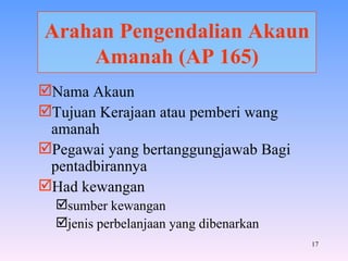 Arahan Pengendalian Akaun Amanah (AP 165) Nama Akaun Tujuan Kerajaan atau pemberi wang amanah Pegawai yang bertanggungjawab Bagi pentadbirannya Had kewangan sumber kewangan jenis perbelanjaan yang dibenarkan 
