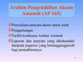 Arahan Pengendalian Akaun Amanah (AP 165) Penyediaan penyata akaun untuk audit Penggulungan Tarikh kuatkuasa Arahan Amanah Laporan dan penyata yang dikehendaki daripada pegawai yang bertanggungjawab bagi pentadbirannya 