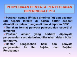 PENYEDIAAN PENYATA PENYESUAIAN DIPERINGKAT PTJ Pastikan semua U/niaga diterima (kt) dan bayaran (dt) seperti tercatit di dalam daftar deposit diambilkira dalam ruangan dt dan kt laporan C350. Gunakan format penyata penyesuaian seperti di lampiran Pastikan amaun yang berbeza dipenyata penyesuaian sesuatu bulan, dilaraskan dalam bulan berikutnya. Hantar pengesahan baki dan penyata penyesuaian ke Ibu Pejabat dan Pejabat Perakaunan 
