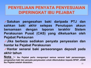 PENYELIAAN PENYATA PENYESUAIAN DIPERINGKAT IBU PEJABAT Satukan pengesahan baki daripada PTJ dan sahkan baki akhir selepas Penutupan akaun bersamaan dengan laporan terakhir Sistem Perakaunan Pusat (CAS) yang dikeluarkan oleh Pejabat Perkaunan Jika berbeza sediakan penyata penyesaian dan hantar ke Pejabat Perakaunan Hantar senarai baki perseorangan deposit pada akhir tahun Nota  :-  Ibu Pejabat perlu mengumpul semua senarai baki perseorangan, pengesahan baki dan penyata penyesuaian untuk dikemukakan kepada SPAP, JANM Ibu Pejabat setelah disatukan. 