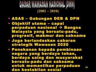 ASAS – Gabungan DEB & DPN Objektif utama – capai perpaduan nasional    Bangsa Malaysia yang bersatu-padu, progresif, makmur dan saksama Juga berlandaskan cabaran strategik Wawasan 2020 Penekanan kepada pembinaan negara yang berdaya tahan, berdaya saing dan masyarakat bersatu-padu dan saksama untuk memastikan perpaduan dan kestabilan sosial DASAR WAWASAN NASIONAL (DWN) (2001 – 2010) 