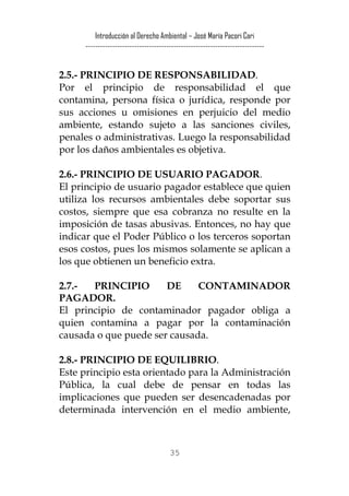 Introducción al Derecho Ambiental – José María Pacori Cari 
------------------------------------------------------------------------- 
2.5.- PRINCIPIO DE RESPONSABILIDAD. 
Por el principio de responsabilidad el que contamina, persona física o jurídica, responde por sus acciones u omisiones en perjuicio del medio ambiente, estando sujeto a las sanciones civiles, penales o administrativas. Luego la responsabilidad por los daños ambientales es objetiva. 
2.6.- PRINCIPIO DE USUARIO PAGADOR. 
El principio de usuario pagador establece que quien utiliza los recursos ambientales debe soportar sus costos, siempre que esa cobranza no resulte en la imposición de tasas abusivas. Entonces, no hay que indicar que el Poder Público o los terceros soportan esos costos, pues los mismos solamente se aplican a los que obtienen un beneficio extra. 
2.7.- PRINCIPIO DE CONTAMINADOR PAGADOR. 
El principio de contaminador pagador obliga a quien contamina a pagar por la contaminación causada o que puede ser causada. 
2.8.- PRINCIPIO DE EQUILIBRIO. 
Este principio esta orientado para la Administración Pública, la cual debe de pensar en todas las implicaciones que pueden ser desencadenadas por determinada intervención en el medio ambiente, 
35 
 