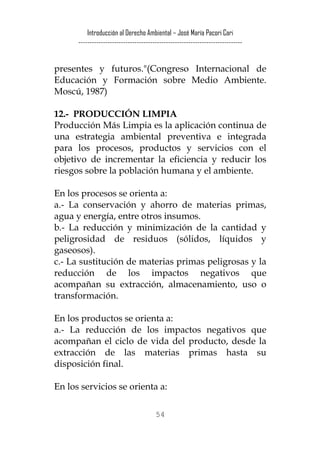 Introducción al Derecho Ambiental – José María Pacori Cari 
------------------------------------------------------------------------- 
presentes y futuros."(Congreso Internacional de Educación y Formación sobre Medio Ambiente. Moscú, 1987) 
12.- PRODUCCIÓN LIMPIA 
Producción Más Limpia es la aplicación continua de una estrategia ambiental preventiva e integrada para los procesos, productos y servicios con el objetivo de incrementar la eficiencia y reducir los riesgos sobre la población humana y el ambiente. 
En los procesos se orienta a: 
a.- La conservación y ahorro de materias primas, agua y energía, entre otros insumos. 
b.- La reducción y minimización de la cantidad y peligrosidad de residuos (sólidos, líquidos y gaseosos). 
c.- La sustitución de materias primas peligrosas y la reducción de los impactos negativos que acompañan su extracción, almacenamiento, uso o transformación. 
En los productos se orienta a: 
a.- La reducción de los impactos negativos que acompañan el ciclo de vida del producto, desde la extracción de las materias primas hasta su disposición final. 
En los servicios se orienta a: 
54 
 