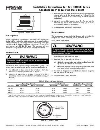 Installation Instructions for Cat. 3000SD Series
AdaptaBeacon®
Industrial Truck Light
Description
The 3000SD Series visual signals are flange mount strobes
designed for industrial applications and for applications
where warning on a moving vehicle is necessary. The light
has 80 nominal single flashes per minute at 1.5 Joules. It
is a low current, 12-48V DC unit. The twist on-off lens
makes for easy strobe tube and/or lens replacement.
Installation
WARNING
To prevent electrical shock, do not connect power
until instructed to do so.
P/N 3100383 ISSUE 1 © 2001CHESHIRE, CT 203-699-3300 FAX 203-699-3365 (CUST. SERV.) 203-699-3078 (TECH SERV.)
3 1/2"
(89 mm)
5"
(127 mm)
3 1/2"
(89 mm)
Figure 1. Dimensions
Installation must be in accordance with local codes. The
lens should be positioned up for outdoor applications.
1. For side exit wiring, remove the knockout from the
bottom of the flange as shown in Figure 2.
2. Using the template provided (Figure 3), drill 3
mounting holes and a hole for concealed wiring, if
desired.
Knockout for
side exit wiring
(3) Mounting
holes
WARNING
To prevent electrical shock, disconnect power and
wait 5 minutes for the strobe tube energy to dissipate
before opening the unit.
1. Unscrew the lens from the base.
2. Replace the strobe tube as follows:
a. Grasp the strobe tube by its base and pull straight
up out of the strobe tube socket.
b. Grasp the new strobe tube by the strobe tube base
and press into the strobe tube socket.
3. Confirm O-ring gasket is seated and aligned properly
on the inside of the lens.
4. Screw the lens onto the base.
Figure 2. Beacon Base
3. Connect the red positive (+) lead to the positive power
source wire and the black negative (-) lead to the
negative power source wire using the butt splices
(supplied).
4. Align the provided gasket and the flange on the
mounting holes and secure using (3) screws,
lockwashers and nuts (supplied).
5. Apply power and verify operability.
Maintenance
The lens should be periodically cleaned using a mild de-
tergent and water on a soft, clean, lint-free cloth.
Light Source Replacement
Table 1. Electrical Specifications
Operating Current* Inrush Current Repetitive Surge Current
Voltage RMS Current (A) Mean Current (A) Current (A) Time (mS) Current (A) Time (mS)
12V DC 0.275 0.250 14.00 <0.50 0.40 <650
24V DC 0.130 0.125 30.00 <0.30 0.63 <650
48V DC 0.130 0.070 50.5 <0.25 0.40 <150
*Use the operating current to establish the wire gauge and standby power requirements. Consult the control unit manufacturer to
determine surge and peak current effects and maximum number of strobes on the system.
 
