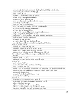 dramatic adj. /drə´mætik/ như kị ch, nhưđóng kị ch, thích hợp với sân khấu
  dramatically adv. /drə'mætikəli/ đột ngột
  draw v. /dro:/ vẽ, kéo
  drawing n. /'dro:iŋ/ bản vẽ, bức vẽ, sự kéo
  drawer n. /´drɔ:ə/ người vẽ, người kéo
  dream n.,v. /dri:m/ giấc mơ, mơ
  dress n.,v. /dres/ quần áo, mặc (quần áo), ăn mặc
  dressed adj. cách ăn mặc
  drink n.,v. /driɳk/ đồ uống; uống
  drive v.,n. /draiv/ lái , đua xe; cuộc đua xe (điều khiển)
  driving n. /'draiviɳ/ sự lái xe, cuộc đua xe
  driver n. /draivə(r)/ người lái xe
  drop v.,n. /drɒp/ chảy nhỏ giọt, rơi, rớt; giọt (nước, máu...)
  drug n. /drʌg/ thuốc, dược phẩm; ma túy
  drugstore n. (NAmE) /'drʌgstɔ:/ hiệu thuốc, cửa hàng dược phẩm
  drum n. /drʌm/ cái trống, tiếng trống
  drunk adj. /drʌŋk/ say rượu
  dry adj.,v. /drai/ khô, cạn; làm khô, sấy khô
  due adj. /du, dyu/ đến kỳ hạn (trả nợ); xứng đáng, thích đáng
due to vì, do, tại, nhờ có
  dull adj. /dʌl/ chậm hiểu, ngu đần
  dump v.,n. /dʌmp/ đổ rác; đống rác, nơi đổ rác
  during prep. /'djuəriɳ/ trong lúc, trong thời gian
  dust n.,v. /dʌst/ bụi, rác; rắc (bụi, phấn), quét bụi, phủi bụi
duty n. /'dju:ti/ sự tôn kính, kính trọng; bồn phận, trách nhiệm
  DVD n.
  each det.,pron. /i:tʃ/ mỗi
  each other (also one another) pron. nhau, lẫn nhau
ear n. /iə/ tai
  early adj.,adv. /´ə:li/ sớm
  earn v. /ə:n/ kiếm (tiền), giành (phần thưởng)
  earth n. /ə:θ/ đất, trái đất
  ease n.,v. /i:z/ sự thanh thản, sự thoải mái; làm thanh thản, làm yên tâm, làm dễ chị u
  east n.,adj.,adv. /i:st/ hướng đông, phía đông, (thuộc) đông, ở phía đông
  eastern adj. /'i:stən/ đông
  easy adj. /'i:zi/ dễ dàng, dễ tính, ung dung
  easily adv. /'i:zili/ dễ dàng
eat v. /i:t/ ăn
  economic adj. /¸i:kə´nɔmik/ (thuộc) Kinh tế
  economy n. /ɪˈ    kɒnəmi/ sự tiết kiệm, sự quản lý kinh tế
  edge n. /edӡ/ lưỡi, cạnh sắc
  edition n. /i'diʃn/ nhà xuất bản, sự xuất bản
  editor n. /´editə/ người thu thập và xuất bản, chủ bút
  educate v. /'edju:keit/ giáo dục, cho ăn học; rèn luyện

                                                                                            23
 