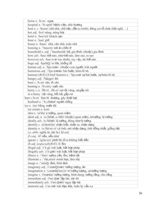 horse n. /hɔrs/ ngựa
   hospital n. /'hɔspitl/ bệnh viện, nhà thương
   host n.,v. /houst/ chủ nhà, chủ tiệc; dẫn (c.trình), đăng cai tổ chức (hội nghị ....)
   hot adj. /hɒt/ nóng, nóng bức
   hotel n. /hou´tel/ khách sạn
   hour n. /'auз/ giờ
   house n. /haus/ nhà, căn nhà, toàn nhà
   housing n. /´hauziη/ nơi ăn chốn ở
   household n.,adj. /´haushould/ hộ, gia đình; (thuộc) gia đình
   how adv. /hau/ thế nào, như thế nào, làm sao, ra sao
   however adv. /hau´evə/ tuy nhiên, tuy vậy, dù thế nào
   huge adj. /hjuˈ to lớn, khổng lồ
                      dʒ/
   human adj.,n. /'hju:mən/ (thuộc) con người, loài người
   humorous adj. /´hju:mərəs/ hài hước, hóm hỉ nh
   humour (BrE) (NAmE humor) n. /´hju:mə/ sự hài hước, sự hóm hỉ nh
   hungry adj. /'hΔŋgri/ đó
   hunt v. /hʌnt/ săn, đi săn
   hunting n. /'hʌntiɳ/ sựđi săn
   hurry v.,n. /ˈ , ˈ
                   hɜri hʌri/ sự vội vàng, sự gấp rút
   in a hurry vội vàng, hối hả, gấp rút
hurt v./hɜrt/ làm bị thương, gây thiệt hại
   husband n. /´hʌzbənd/ người chồng
ice n. /ais/ băng, nước đá
   ice cream n. kem
   idea n. /ai'diз/ ý tưởng, quan niệm
   ideal adj.,n. /aɪˈ  diəl, aɪˈ (thuộc) quan niệm, tư tưởng; lý tưởng
                                  dil/
   ideally adv. /aɪˈ   diəli/ lý tưởng, đúng như lý tưởng
   identify v. /ai'dentifai/ nhận biết, nhận ra, nhận dạng
   identity n. /aɪˈ   dɛntɪti/ cá tính, nét nhận dạng; tính đồng nhất, giống hệt
   i.e. abbr. nghĩa là, tức là ( Id est)
   if conj. /if/ nếu, nếu như
   ignore v. /ig'no:(r)/ phớt lờ, tỏ ra không biết đến
   ill adj. (especiallyBrE) /il/ ốm
   illegal adj. /i´li:gl/ trái luật, bất hợp pháp
   illegally adv. /i´li:gəli/ trái luật, bất hợp pháp
   illness n. /´ilnis/ sựđau yếu, ốm, bệnh tật
   illustrate v. /´ilə¸streit/ minh họa, làm rõý
   image n. /´imidʒ/ ảnh, hình ảnh
   imaginary adj. /i´mædʒinəri/ tưởng tượng, ảo
   imagination n. /i,mædʤi'neiʃn/ trí tưởng tượng, sự tưởng tượng
   imagine v. /i'mæʤin/ tưởng tượng, hình dung; tưởng rằng, cho rằng
   immediate adj. /i'mi:djət/ lập tức, tức thì
   immediately adv. /i'mi:djətli/ ngay lập tức
   immoral adj. /i´mɔrəl/ trái đạo đức, luân lý; xấu xa

                                                                                           36
 