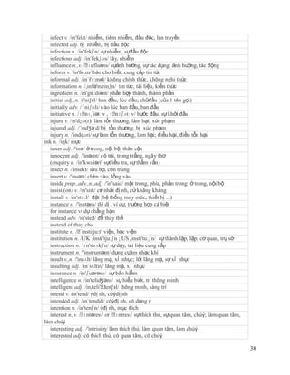 infect v. /in'fekt/ nhiễm, tiêm nhiễm, đầu độc, lan truyền
  infected adj. bị nhiễm, bị đầu độc
  infection n. /in'fekʃn/ sự nhiễm, sựđầu độc
  infectious adj. /in´fekʃəs/ lây, nhiễm
  influence n.,v. /ˈ  ɪnfluəns/ sựảnh hưởng, sự tác dụng; ảnh hưởng, tác động
  inform v. /in'fo:m/ báo cho biết, cung cấp tin tức
  informal adj. /in´fɔ:məl/ không chính thức, không nghi thức
  information n. /,infə'meinʃn/ tin tức, tài liệu, kiến thức
  ingredient n. /in'gri:diənt/ phần hợp thành, thành phần
  initial adj.,n. /i'ni∫зl/ ban đầu, lúc đầu; chữđầu (của 1 tên gọi)
  initially adv. /i´niʃəli/ vào lúc ban đầu, ban đầu
  initiative n. /ɪˈ  nɪʃiətɪv , ɪˈ  nɪʃətɪv/ bước đầu, sự khởi đầu
  injure v. /in'dӡә(r)/ làm tổn thương, làm hại, xúc phạm
  injured adj. /´indʒə:d/ bị tổn thương, bị xúc phạm
  injury n. /'indʤəri/ sự làm tổn thương, làm hại; điều hại, điều tổn hại
ink n. /iηk/ mực
  inner adj. /'inə/ ở trong, nội bộ; thân cận
  innocent adj. /'inəsnt/ vô tội, trong trắng, ngây thơ
  (enquiry n. /in'kwaiəri/ sựđiều tra, sự thẩm vấn)
  insect n. /'insekt/ sâu bọ, côn trùng
  insert v. /'insə:t/ chèn vào, lồng vào
  inside prep.,adv.,n.,adj. /'in'said/ mặt trong, phía, phần trong; ở trong, nội bộ
  insist (on) v. /in'sist/ cứ nhất đị nh, cứ khăng khăng
  install v. /in'stɔ:l/ đặt (hệ thống máy móc, thiết bị ...)
  instance n. /'instəns/ thí dị , ví dụ; trường hợp cá biệt
  for instance ví dụ chẳng hạn
  instead adv. /in'sted/ để thay thế
  instead of thay cho
  institute n. /ˈ ´institju:t/ viện, học viện
  institution n. /UK ,insti'tju:ʃn ; US ,insti'tu:ʃn/ sự thành lập, lập; cơ quan, trụ sở
  instruction n. /ɪn'strʌkʃn/ sự dạy, tài liệu cung cấp
  instrument n. /'instrumənt/ dụng cụâm nhạc khí
  insult v.,n. /'insʌlt/ lăng mạ, xỉ nhục; lời lăng mạ, sự xỉ nhục
  insulting adj. /in´sʌltiη/ lăng mạ, xỉ nhục
  insurance n. /in'ʃuərəns/ sự bảo hiểm
  intelligence n. /in'telidʒəns/ sự hiểu biết, trí thông minh
  intelligent adj. /in,teli'dЗen∫зl/ thông minh, sáng trí
  intend v. /in'tend/ ýđị nh, cóýđị nh
  intended adj. /in´tendid/ cóýđị nh, có dụng ý
  intention n. /in'tenʃn/ ýđị nh, mục đích
  interest n.,v. /ˈ ɪntərest/ or /ˈ ɪntrest/ sự thích thú, sự quan tâm, chúý; làm quan tâm,
làm chúý
  interesting adj. /'intristiŋ/ làm thích thú, làm quan tâm, làm chúý
  interested adj. có thích thú, có quan tâm, có chúý

                                                                                              38
 