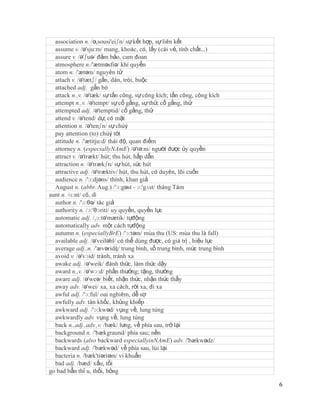 association n. /ə,sousi'eiʃn/ sự kết hợp, sự liên kết
  assume v. /ə'sju:m/ mang, khoác, có, lấy (cái vẻ, tính chất…)
  assure v. /ə'ʃuə/ đảm bảo, cam đoan
  atmosphere n./'ætməsfiə/ khí quyển
  atom n. /'ætəm/ nguyên tử
  attach v. /ə'tætʃ/ gắn, dán, trói, buộc
  attached adj. gắn bó
  attack n.,v. /ə'tæk/ sự tấn công, sự công kích; tấn công, công kích
  attempt n.,v. /ə'tempt/ sự cố gắng, sự thử; cố gắng, thử
  attempted adj. /ə'temptid/ cố gắng, thử
  attend v. /ə'tend/ dự, có mặt
  attention n. /ə'tenʃn/ sự chúý
  pay attention (to) chúý tới
  attitude n. /'ætitju:d/ thái độ, quan điểm
  attorney n. (especiallyNAmE) /ə'tə:ni/ người được ủy quyền
  attract v. /ə'trækt/ hút; thu hút, hấp dẫn
  attraction n. /ə'trækʃn/ sự hút, sức hút
  attractive adj. /ə'træktiv/ hút, thu hút, có duyên, lôi cuốn
  audience n. /'ɔ:djəns/ thính, khan giả
  August n. (abbr. Aug.) /'ɔ:gəst - ɔ:'gʌst/ tháng Tám
aunt n. /ɑ:nt/ cô, dì
  author n. /'ɔ:θə/ tác giả
  authority n. /ɔ:'θɔriti/ uy quyền, quyền lực
  automatic adj. /,ɔ:tə'mætik/ tựđộng
  automatically adv. một cách tựđộng
  autumn n. (especiallyBrE) /'ɔ:təm/ mùa thu (US: mùa thu là fall)
  available adj. /ə'veiləbl/ có thể dùng được, có giá trị , hiệu lực
  average adj.,n. /'ævəridʤ/ trung bình, số trung bình, mức trung bình
  avoid v. /ə'vɔid/ tránh, tránh xa
  awake adj. /ə'weik/ đánh thức, làm thức dậy
  award n.,v. /ə'wɔ:d/ phần thưởng; tặng, thưởng
  aware adj. /ə'weə/ biết, nhận thức, nhận thức thấy
  away adv. /ə'wei/ xa, xa cách, rời xa, đi xa
  awful adj. /'ɔ:ful/ oai nghiêm, dễ sợ
  awfully adv. tàn khốc, khủng khiếp
  awkward adj. /'ɔ:kwəd/ vụng về, lung túng
  awkwardly adv. vụng về, lung túng
  back n.,adj.,adv.,v. /bæk/ lưng, về phía sau, trở lại
  background n. /'bækgraund/ phía sau; nền
  backwards (also backward especiallyinNAmE) adv. /'bækwədz/
  backward adj. /'bækwəd/ về phía sau, lùi lại
  bacteria n. /bæk'tiəriəm/ vi khuẩn
  bad adj. /bæd/ xấu, tồi
go bad bẩn thỉ u, thối, hỏng

                                                                         6
 