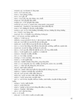 romantic adj. /roʊˈ    mæntɪk/ lãng mạn
   roof n. /ru:f/ mái nhà, nóc
   room n. /rum/ phòng, buồng
   root n. /ru:t/ gốc, rễ
   rope n. /roʊp/ dây cáp, dây thừng, xâu, chuỗi
   rough adj. /rˈ gồ ghề, lởm chởm
                    f/
   roughly adv. /'rʌfli/ gồ ghề, lởm chởm
   round adj.,adv.,prep.,n. /raund/ tròn, vòng quanh, xung quanh
   rounded adj. /´raundid/ bị làm thành tròn; phát triển đầy đủ
   route n. /ru:t/ đường đi, lộ trình, tuyến đường
   routine n.,adj. /ru:'ti:n/ thói thường, lệ thường, thủ tục; thường lệ, thông thường
   row NAmEn. /rou/ hàng, dãy
   royal adj. /ˈ  rɔɪəl/ (thuộc) vua, nữ hoàng, hoàng gia
rub v. /rʌb/ cọ xát, xoa bóp, nghiền, tán
   rubber n. /´rʌbə/ cao su
   rubbish n. (especiallyBrE) /ˈ    rʌbɪʃ/ vật vô giá trị , bỏđi, rác rưởi
   rude adj. /ru:d/ bất lị ch sự, thô lỗ; thô sơ, đơn giản
   rudely adv. /ru:dli/ bất lị ch sự, thô lỗ; thô sơ, đơn giản
   ruin v.,n. /ru:in/ làm hỏng, làm đổ nát, làm phá sản; sự hỏng, sựđổ nát, sự phá sản
   ruined adj. /ru:ind/ bị hỏng, bị đổ nát, bị phá sản
   rule n.,v. /ru:l/ quy tắc, điều lệ, luật lệ; cai trị , chỉ huy, điều khiển
   ruler n. /´ru:lə/ người cai trị , người trị vì; thước kẻ
   rumour n. /ˈ   rumər/ tin đồn, lời đồn
   run v.,n. /rʌn/ chạy; sự chạy
   running n. /'rʌniɳ/ sự chạy, cuộc chạy đua
   runner n. /´rʌnə/ người chạy
   rural adj. /´ruərəl/ (thuộc) nông thôn, vùng nông thôn
   rush v.,n. /rʌ∫/ xông lên, lao vào, xôđẩy; sự xông lên, sự lao vào, sự xôđẩy
   sack n., v. /sæk/ bào tải; đóng bao, bỏ vào bao
   sad adj. /sæd/ buồn, buồn bã
   sadly adv. /'sædli/ một cách buồn bã, đáng buồn là, không may mà
   sadness n. /'sædnis/ sự buồn rầu, sự buồn bã
   safe adj. /seif/ an toàn, chắc chắn, đáng tin
   safely adv. /seifli/ an toàn, chắc chắn, đáng tin
   safety n. /'seifti/ sự an toàn, sự chắc chăn
   sail v.,n. /seil/ đi tàu, thuyền, nhổ neo; buồm, cánh buồm, chuyến đi bằng thuyền
buồm
   sailing n. /'seiliɳ/ sựđi thuyền
   sailor n. /seilə/ thủy thủ
   salad n. /'sæləd/ sa lát (xà lách trộng dầu dấm); rau sống
   salary n. /ˈ  sæləri/ tiền lương
   sale n. /seil/ việc bán hàng
salt n. /sɔ:lt/ muối
   salty adj. /´sɔ:lti/ chứ vị muối, có muối, mặn

                                                                                         62
 