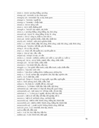 strain n. /strein/ sự căng thẳng, sự căng
strange adj. /streindʤ/ xa lạ, chưa quen
strangely adv. /streindʤli/ lạ, xa lạ, chưa quen
stranger n. /'streinʤə/ người lạ
strategy n. /'strætəʤɪ/ chiến lược
stream n. /stri:m/ dòng suối
street n. /stri:t/ phố, đườmg phố
strength n. /'streɳθ/ sức mạnh, sức khỏe
stress n.,v. sự căng thẳng; căng thẳng, ép, làm căng
stressed adj. /strest/ bị căng thẳng, bị ép, bị căng
stretch v. /strɛtʃ/ căng ra, duỗi ra, kéo dài ra
strict adj. /strikt/ nghiêm khắc, chặt chẽ,, khắt khe
strictly adv. /striktli/ một cách nghiêm khắc
strike v.,n. /straik/ đánh, đập, bãi công, đình công; cuộc bãi công, cuộc đình công
striking adj. /'straikiɳ/ nổi bật, gây ấn tượng
string n. /strɪŋ/ dây, sợi dây
strip v.,n. /strip/ cởi, lột (quần áo); sự cởi quần áo
stripe n. /straɪp/ sọc, vằn, viền
striped adj. /straipt/ có sọc, có vằn
stroke n.,v. /strouk/ cúđánh, cúđòn; cái vuốt ve, sự vuốt ve; vuốt ve
strong adj. /strɔŋ , strɒŋ/ khỏe, mạnh, bền, vững, chắc chắn
strongly adv. /strɔŋli/ khỏe, chắc chắn
structure n. /'strʌkt∫ə/ kết cấu, cấu trúc
struggle v.,n. /'strʌg(ə)l/ đấu tranh; cuộc đấu tranh, cuộc chiến đấu
student n. /'stju:dnt/ sinh viên
studio n. /´stju:diou/ xưởng phim, trường quay; phòng thu
study n.,v. /'stʌdi/ sự học tập, sự nghiên cứu; học tập, nghiên cứu
stuff n. /stʌf/ chất liệu, chất
stupid adj. /ˈ  stupɪd , ˈ  styupɪd/ ngu ngốc, ngu đần, ngớ ngẩn
style n. /stail/ phong cách, kiểu, mẫu, loại
subject n. /ˈ  sʌbdʒɪkt / chủđề, đề tài; chủ ngữ
substance n. /'sʌbstəns/ chất liệu; bản chất; nội dung
substantial adj. /səb´stænʃəl/ thực tế, đáng kể, quan trọng
substantially adv. /səb´stænʃəli/ về thực chất, về căn bản
substitute n., v. /´sʌbsti¸tju:t/ người, vật thay thế; thay thế
succeed v. /sək'si:d/ nối tiếp, kế tiếp; kế nghiệp, kế vị
success n. /sək'si:d/ sự thành công,, sự thành đạt
successful adj. /səkˈ    sɛsfəl/ thành công, thắng lợi, thành đạt
successfully adv. /səkˈ     sɛsfəlli/ thành công, thắng lợi, thành đạt
unsuccessful adj. /¸ʌnsək´sesful/ không thành công, thất bại
such det.,pron. /sʌtʃ/ như thế, như vậy, như là
such as đến nỗi, đến mức
suck v. /sʌk/ bú, hút; hấp thụ, tiếp thu
sudden adj. /'sʌdn/ thình lình, đột ngột

                                                                                      70
 