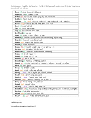 Englishforum.vn - Cộng Đồng Học Tiếng Anh - Cho Tất Cả Mọi Người muốn học hỏi và trau dồi kỹ năng Tiếng Anh của
mình ngày một hoàn thiện hơn.
Englishforum.vn
Facebook.com/congdonghoctienganh
11
boss (n) /bɔs/ ông chủ, thủ trưởng
both det., pro(n) /bouθ/ cả hai
bother (v) /'bɔðə/ làm phiền, quấy rầy, làm bực mình
bottle (n) /'bɔtl/ chai, lọ
bottom (n) (adj) /'bɔtəm/ phần dưới cùng, thấp nhất; cuối, cuối cùng
bound (adj) bound to /baund/ nhất định, chắc chắn
bowl (n) /boul/ cái bát
box (n) /bɔks/ hộp, thùng
boy (n) /bɔi/ con trai, thiếu niên
boyfriend (n) bạn trai
brain (n) /brein/ óc não; đầu óc, trí não
branch (n) /brɑ:ntʃ/ ngành; nhành cây, nhánh song, ngả đường
brand (n) /brænd/ nhãn (hàng hóa)
brave (adj) /breiv/ gan dạ, can đảm
bread (n) /bred/ bánh mỳ
break (v) (n) /breik/ bẻ gãy, đập vỡ; sự gãy, sự vỡ
broken (adj) /'broukən/ bị gãy, bị vỡ
breakfast (n) /'brekfəst/ bữa điểm tâm, bữa sáng
breast (n) /brest/ ngực, vú
breath (n) /breθ/ hơi thở, hơi
breathe (v) /bri:ð/ hít, thở
breathing (n) /'bri:ðiɳ/ sự hô hấp, sự thở
breed (v) (n) /bri:d/ nuôi dưỡng, chăm sóc, giáo dục; sinh đẻ; nòi giống
brick (n) /brik/ gạch
bridge (n) /bridʤ/ cái cầu
brief (adj) /bri:f/ ngắn, gọn, vắn tắt
briefly (adv) /'bri:fli/ ngắn, gọn, vắn tắt, tóm tắt
bright (adj) /brait/ sáng, sáng chói
brightly (adv) /'braitli/ sáng chói, tươi
brilliant (adj) /'briljənt/ tỏa sáng, rực rỡ, chói lọi
bring (v) /briɳ/ mang, cầm , xách lại
broad (adj) /broutʃ/ rộng
broadly (adv) /'brɔ:dli/ rộng, rộng rãi
broadcast (v) (n) /'brɔ:dkɑ:st/ tung ra khắp nơi,truyền rộng rãi; phát thanh, quảng bá
brother (n) /'brΔðз/ anh, em trai
brown (adj) (n) /braun/ nâu, màu nâu
brush (n) (v) /brΔ∫/ bàn chải; chải, quét
 