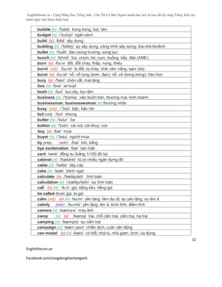Englishforum.vn - Cộng Đồng Học Tiếng Anh - Cho Tất Cả Mọi Người muốn học hỏi và trau dồi kỹ năng Tiếng Anh của
mình ngày một hoàn thiện hơn.
Englishforum.vn
Facebook.com/congdonghoctienganh
12
bubble (n) /'bΔbl/ bong bóng, bọt, tăm
budget (n) /ˈbʌdʒɪt/ ngân sách
build (v) /bild/ xây dựng
building (n) /'bildiŋ/ sự xây dựng, công trình xây dựng; tòa nhà binđinh
bullet (n) /'bulit/ đạn (súng trường, súng lục)
bunch (n) /bΛnt∫/ búi, chùm, bó, cụm, buồng; bầy, đàn (AME)
burn (v) /bə:n/ đốt, đốt cháy, thắp, nung, thiêu
burnt (adj) /bə:nt/ bị đốt, bị cháy, khê; rám nắng, sạm (da)
burst (v) /bə:st/ nổ, nổ tung (bom, đạn); nổ, vỡ (bong bóng); háo hức
bury (v) /'beri/ chôn cất, mai táng
bus (n) /bʌs/ xe buýt
bush (n) /bu∫/ bụi cây, bụi rậm
business (n) /'bizinis/ việc buôn bán, thương mại, kinh doanh
businessman, businesswoman (n) thương nhân
busy (adj) /´bizi/ bận, bận rộn
but conj. /bʌt/ nhưng
butter (n) /'bʌtə/ bơ
button (n) /'bʌtn/ cái nút, cái khuy, cúc
buy (v) /bai/ mua
buyer (n) /´baiə/ người mua
by prep., (adv) /bai/ bởi, bằng
bye exclamation /bai/ tạm biệt
cent /sent/ đồng xu (bằng 1/100 đô la)
cabinet (n) /'kæbinit/ tủ có nhiều ngăn đựng đồ
cable (n) /'keibl/ dây cáp
cake (n) /keik/ bánh ngọt
calculate (v) /'kælkjuleit/ tính toán
calculation (n) /,kælkju'lei∫n/ sự tính toán
call (v) (n) /kɔ:l/ gọi; tiếng kêu, tiếng gọi
be called được gọi, bị gọi
calm (adj) (v) (n) /kɑ:m/ yên lặng, làm dịu đi; sự yên lặng, sự êm ả
calmly (adv) /kɑ:mli/ yên lặng, êm ả; bình tĩnh, điềm tĩnh
camera (n) /kæmərə/ máy ảnh
camp (n) (v) /kæmp/ trại, chỗ cắm trại; cắm trại, hạ trại
camping (n) /kæmpiη/ sự cắm trại
campaign (n) /kæmˈpeɪn/ chiến dịch, cuộc vận động
can modal (v) (n) /kæn/ có thể; nhà tù, nhà giam, bình, ca đựng
 