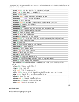 Englishforum.vn - Cộng Đồng Học Tiếng Anh - Cho Tất Cả Mọi Người muốn học hỏi và trau dồi kỹ năng Tiếng Anh của
mình ngày một hoàn thiện hơn.
Englishforum.vn
Facebook.com/congdonghoctienganh
15
cheat (v) (n) /tʃit/ lừa, lừa đảo; trò lừa đảo, trò gian lận
check (v) (n) /tʃek/ kiểm tra; sự kiểm tra
cheek (n) /´tʃi:k/ má
cheerful (adj) /´tʃiəful/ vui mừng, phấn khởi, hồ hởi
cheerfully (adv) vui vẻ, phấn khởi
cheese (n) /tʃi:z/ pho mát
chemical (adj) (n) /ˈkɛmɪkəl/ thuộc hóa học; chất hóa học, hóa chất
chemist (n) /´kemist/ nhà hóa học
chemist’s (n) (BrE)
chemistry (n) /´kemistri/ hóa học, môn hóa học, ngành hóa học
cheque (n) (BrE) (NAmE check) /t∫ek/ séc
chest (n) /tʃest/ tủ, rương, hòm
chew (v) /tʃu:/ nhai, ngẫm nghĩ
chicken (n) /ˈtʃɪkin/ gà, gà con, thịt gà
chief (adj) (n) /tʃi:f/ trọng yếu, chính yếu; thủ lĩnh, lãnh tụ, người đứng đầu, xếp
child (n) /tʃaild/ đứa bé, đứa trẻ
chin (n) /tʃin/ cằm
chip (n) /tʃip/ vỏ bào, mảnh vỡ, chỗ sứt, mẻ
chocolate (n) /ˈtʃɒklɪt/ sô cô la
choice (n) /tʃɔɪs/ sự lựa chọn
choose (v) /t∫u:z/ chọn, lựa chọn
chop (v) /tʃɔp/ chặt, đốn, chẻ
church (n) /tʃə:tʃ/ nhà thờ
cigarette (n) /¸sigə´ret/ điếu thuốc lá
cinema (n) (especially BrE) /ˈsɪnəmə/ rạp xi nê, rạp chiếu bóng
circle (n) /'sə:kl/ đường tròn, hình tròn
circumstance (n) /ˈsɜrkəmˌstæns , ˈsɜrkəmˌstəns/ hoàn cảnh, trường hợp, tình
huống
citizen (n) /´sitizən/ người thành thị
city (n) /'si:ti/ thành phố
civil (adj) /'sivl/ (thuộc) công dân
claim (v) (n) /kleim/ đòi hỏi, yêu sách; sự đòi hỏi, sự yêu sách, sự thỉnh cầu
clap (v) (n) /klæp/ vỗ, vỗ tay; tiếng nổ, tiếng vỗ tay
class (n) /klɑ:s/ lớp học
classic (adj) (n) /'klæsik/ cổ điển, kinh điển
classroom (n) /'klα:si/ lớp học, phòng học
clean (adj) (v) /kli:n/ sạch, sạch sẽ;
 