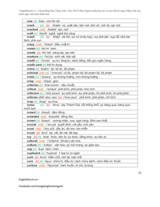 Englishforum.vn - Cộng Đồng Học Tiếng Anh - Cho Tất Cả Mọi Người muốn học hỏi và trau dồi kỹ năng Tiếng Anh của
mình ngày một hoàn thiện hơn.
Englishforum.vn
Facebook.com/congdonghoctienganh
21
cow (n) /kaʊ/ con bò cái
crack (n) (v) /kræk/ cừ, xuất sắc; làm nứt, làm vỡ, nứt nẻ, rạn nứt
cracked (adj) /krækt/ rạn, nứt
craft (n) /kra:ft/ nghề, nghề thủ công
crash (n) (v) /kræʃ/ vải thô; sự rơi (máy bay), sự phá sản, sụp đổ; phá tan
tành, phá vụn
crazy (adj) /'kreizi/ điên, mất trí
cream (n) /kri:m/ kem
create (v) /kri:'eit/ sáng tạo, tạo nên
creature (n) /'kri:tʃə/ sinh vật, loài vật
credit (n) /ˈkrɛdɪt/ sự tin, lòng tin, danh tiếng; tiền gửi ngân hàng
credit card (n) thẻ tín dụng
crime (n) /kraim/ tội, tội ác, tội phạm
criminal (adj) (n) /ˈkrɪmənl/ có tội, phạm tội; kẻ phạm tội, tội phạm
crisis (n) /ˈkraɪsɪs/ sự khủng hoảng, cơn khủng hoảng
crisp (adj) /krips/ giòn
criterion (n) /kraɪˈtɪəriən/ tiêu chuẩn
critical (adj) /ˈkrɪtɪkəl/ phê bình, phê phán; khó tính
criticism (n) /´kriti¸sizəm/ sự phê bình, sự phê phán, lời phê bình, lời phê phán
criticize (BrE also -ise) (v) /ˈkrɪtəˌsaɪz/ phê bình, phê phán, chỉ trích
crop (n) /krop/ vụ mùa
cross (n) (v) /krɔs/ cây Thánh Giá, nỗi thống khổ; sự băng qua; băng qua,
vượt qua
crowd (n) /kraud/ đám đông
crowded (adj) /kraudid/ đông đúc
crown (n) /kraun/ vương miện, vua, ngai vàng; đỉnh cao nhất
crucial (adj) /´kru:ʃəl/ quyết định, cốt yếu, chủ yếu
cruel (adj) /'kru:ә(l)/ độc ác, dữ tợn, tàn nhẫn
crush (v) /krᴧ∫/ ép, vắt, đè nát, đè bẹp
cry (v) (n) /krai/ khóc, kêu la; sự khóc, tiếng khóc, sự kêu la
cultural (adj) /ˈkʌltʃərəl/ (thuộc) văn hóa
culture (n) /ˈkʌltʃər/ văn hóa, sự mở mang, sự giáo dục
cup (n) /kʌp/ tách, chén
cupboard (n) /'kʌpbəd/ 1 loại tủ có ngăn
curb (v) /kə:b/ kiềm chế, nén lại, hạn chế
cure (v) (n) /kjuə/ chữa trị, điều trị; cách chữa bệnh, cách điều trị; thuốc
curious (adj) /'kjuəriəs/ ham muốn, tò mò, lạ lùng
 
