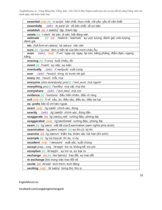 Englishforum.vn - Cộng Đồng Học Tiếng Anh - Cho Tất Cả Mọi Người muốn học hỏi và trau dồi kỹ năng Tiếng Anh của
mình ngày một hoàn thiện hơn.
Englishforum.vn
Facebook.com/congdonghoctienganh
31
essential (adj) (n) /əˈsɛnʃəl/ bản chất, thực chất, cốt yếu; yếu tố cần thiết
essentially (adv) /e¸senʃi´əli/ về bản chất, về cơ bản
establish (v) /ɪˈstæblɪʃ/ lập, thành lập
estate (n) /ɪˈsteɪt/ tài sản, di sản, bất động sản
estimate (n) (v) /'estimit - 'estimeit/ sự ước lượng, đánh giá; ước lượng,
đánh giá
etc. (full form et cetera) /et setərə/ vân vân
euro (n) /´ju:rou/ đơn vị tiền tệ của liên minh châu Âu
even (adv)., (adj) /'i:vn/ ngay cả, ngay, lại còn; bằng phẳng, điềm đạm, ngang
bằng
evening (n) /'i:vniɳ/ buổi chiều, tối
event (n) /i'vent/ sự việc, sự kiện
eventually (adv) /i´ventjuəli/ cuối cùng
ever (adv) /'evә(r)/ từng, từ trước tới giờ
every det. /'evәri/ mỗi, mọi
everyone (also everybody) pro(n) /´evri¸wʌn/ mọi người
everything pro(n) /'evriθiɳ/ mọi vật, mọi thứ
everywhere (adv) /´evri¸weə/ mọi nơi
evidence (n) /'evidəns/ điều hiển nhiên, điều rõ ràng
evil (adj) (n) /'i:vl/ xấu, ác; điều xấu, điều ác, điều tai hại
ex- prefix tiền tố chỉ bên ngoài
exact (adj) /ig´zækt/ chính xác, đúng
exactly (adv) /ig´zæktli/ chính xác, đúng đắn
exaggerate (v) /ig´zædʒə¸reit/ cường điệu, phóng đại
exaggerated (adj) /ig'zædЗзreit/ cường điệu, phòng đại
exam (n) /ig´zæm/ viết tắt của Examination (xem nghĩa phía dưới)
examination /ig¸zæmi´neiʃən/ (n) sự thi cử, kỳ thi
examine (v) /ɪgˈzæmɪn/ thẩm tra, khám xét, hỏi han (thí sinh)
example (n) /ig´za:mp(ə)l/ thí dụ, ví dụ
excellent (adj) /ˈeksələnt/ xuất sắc, xuất chúng
except prep., conj. /ik'sept/ trừ ra, không kể; trừ phi
exception (n) /ik'sepʃn/ sự trừ ra, sự loại ra
exchange (v) (n) /iks´tʃeindʒ/ trao đổi; sự trao đổi
in exchange (for) trong việc trao đổi về
excite (v) /ik'sait/ kích thích, kích động
exciting (adj) /ik´saitiη/ hứng thú, thú vị
 