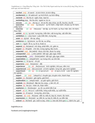 Englishforum.vn - Cộng Đồng Học Tiếng Anh - Cho Tất Cả Mọi Người muốn học hỏi và trau dồi kỹ năng Tiếng Anh của
mình ngày một hoàn thiện hơn.
Englishforum.vn
Facebook.com/congdonghoctienganh
32
excited (adj) /ɪkˈsaɪtɪd/ bị kích thích, bị kích động
excitement (n) /ik´saitmənt/ sự kích thích, sự kích động
exclude (v) /iks´klu:d/ ngăn chạn, loại trừ
excluding prep. /iks´klu:diη/ ngoài ra, trừ ra
excuse (n) (v) /iks´kju:z/ lời xin lỗi, bào chữa; xin lỗi, tha thứ, tha lỗi
executive (n) (adj) /ɪgˈzɛkyətɪv/ sự thi hành, chấp hành; (thuộc) sự thi hành,
chấp hành
exercise (n) (v) /'eksəsaiz/ bài tập, sự thi hành, sự thực hiện; làm, thi hành,
thực hiện
exhibit (v) (n) /ɪgˈzɪbɪt/ trưng bày, triển lãm; vật trưng bày, vật triển lãm
exhibition (n) /ˌɛksəˈbɪʃən/ cuộc triển lãm, trưng bày
exist (v) /ig'zist/ tồn tại, sống
existence (n) /ig'zistəns/ sự tồn tại, sự sống
exit (n) /´egzit/ lỗi ra, sự đi ra, thoát ra
expand (v) /iks'pænd/ mở rộng, phát triển, nở, giãn ra
expect (v) /ik'spekt/ chờ đợi, mong ngóng; liệu trước
expected (adj) /iks´pektid/ được chờ đợi, được hy vọng
unexpected (adj) /¸ʌniks´pektid/ bất ngờ, gây ngạc nhiên
unexpectedly (adv) /'Δniks'pektid/ bất ngờ, gây ngạc nhiên
expectation (n) /,ekspek'tei∫n/ sự mong chờ, sự chờ đợi
expense (n) /ɪkˈspɛns/ chi phí
expensive (adj) /iks'pensiv/ đắt
experience (n) (v) /iks'piəriəns/ kinh nghiệm; trải qua, nếm mùi
experienced (adj) /eks´piəriənst/ có kinh nghiệm, từng trải, giàu kinh nghiệm
experiment (n) (v) /(n) ɪkˈspɛrəmənt ; (v) ɛkˈspɛrəˌmɛnt/ cuộc thí nghiệm;
thí nghiệm
expert (n) (adj) /,ekspз'ti:z/ chuyên gia; chuyên môn, thành thạo
explain (v) /iks'plein/ giải nghĩa, giải thích
explanation (n) /,eksplə'neiʃn/ sự giải nghĩa, giải thích
explode (v) /iks'ploud/ đập tan (hy vọng...), làm nổ, nổ
explore (v) /iks´plɔ:/ thăm dò, thám hiểm
explosion (n) /iks'plouʤn/ sự nổ, sự phát triển ồ ạt
export (v) (n) /iks´pɔ:t/ xuất khẩu; hàng xuất khẩu, sự xuất khẩu
expose (v) /ɪkˈspoʊz/ trưng bày, phơi bày
express (v) (adj) /iks'pres/ diễn tả, biểu lộ, bày tỏ; nhanh, tốc hành
expression (n) /iks'preʃn/ sự diễn tả, sự bày tỏ, biểu lộ, sự diễn đạt
extend (v) /iks'tend/ giơ, duỗi ra (tay, châ(n).); kéo dài (thời gia(n).), dành cho, gửi
 
